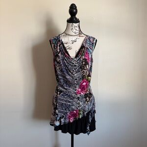 Clientele floral whimsigoth cowl neck mini dress with ruffle hem